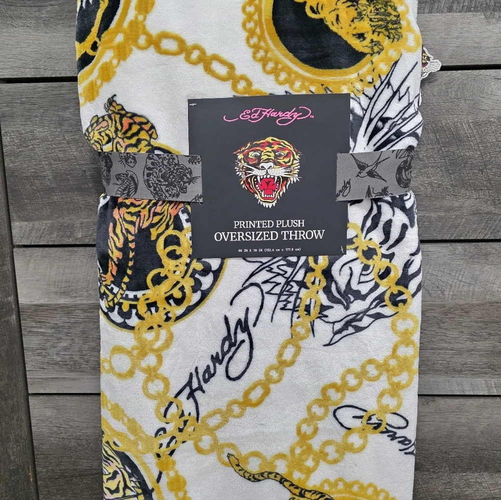Ed Hardy Tiger Gold Chain Throw Blanket